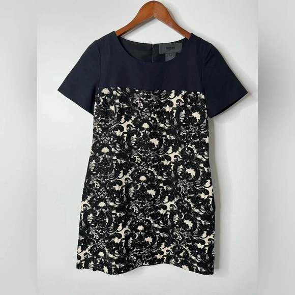 Miss Wu Dresses & Skirts - Miss Wu Silk Blend Navy Blue Black Off White Lace Print Short Sleeve Mini Dress